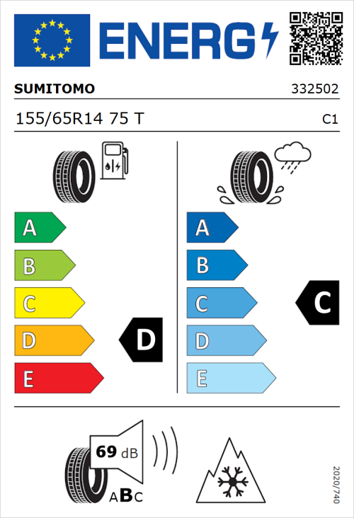 Tyre Label for Sumitomo WT200 155/65R14 75T