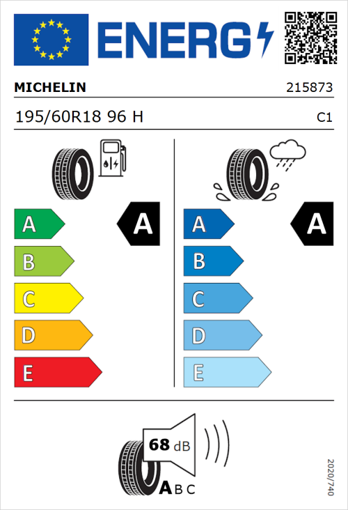 Tyre Label for Michelin e.primacy 195/60R18 96H