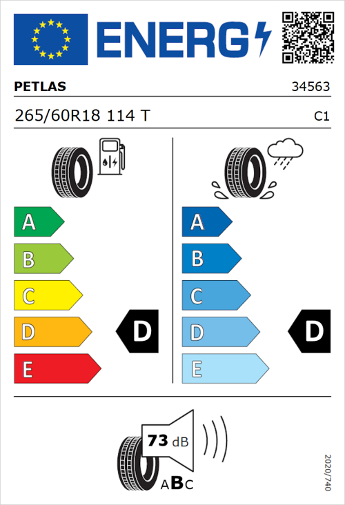 Tyre Label for Petlas Explero PT421 A/T 265/60R18 114T