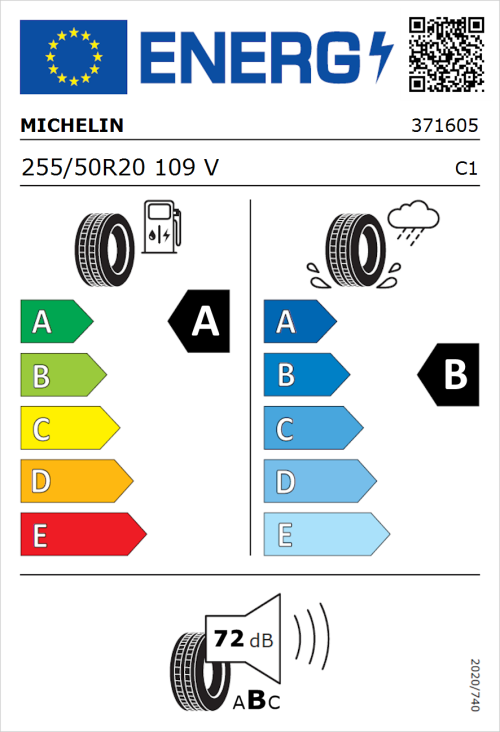 Tyre Label for Michelin e.primacy 255/50R20 109V
