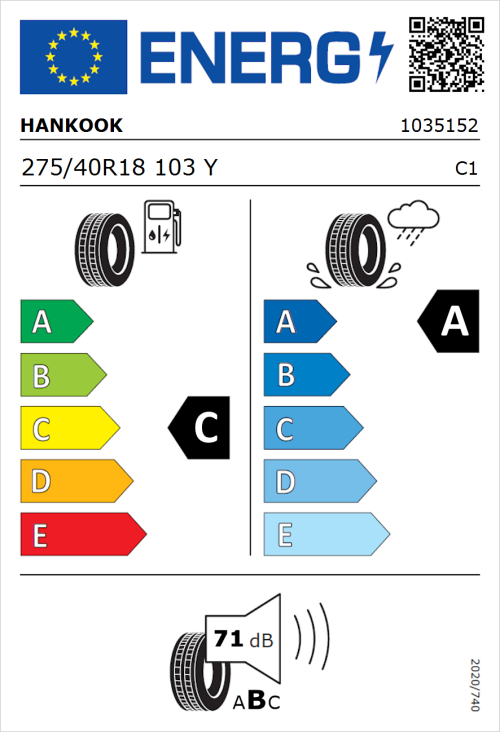 Tyre Label for Hankook Ventus Evo (K137) 275/40R18 103Y
