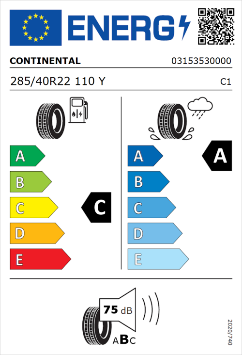 Tyre Label for Continental ContiSportContact 5 285/40R22 110Y